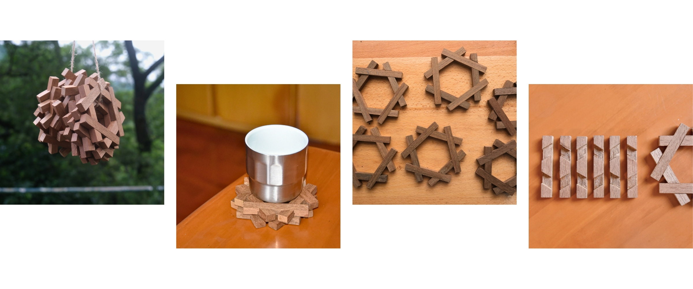 Four photographs: assembled coasters hanging outdoors against greenery, a steel cup resting on a coaster, six finished hexagonal coasters laid out, and the six loose strips beside an assembled one