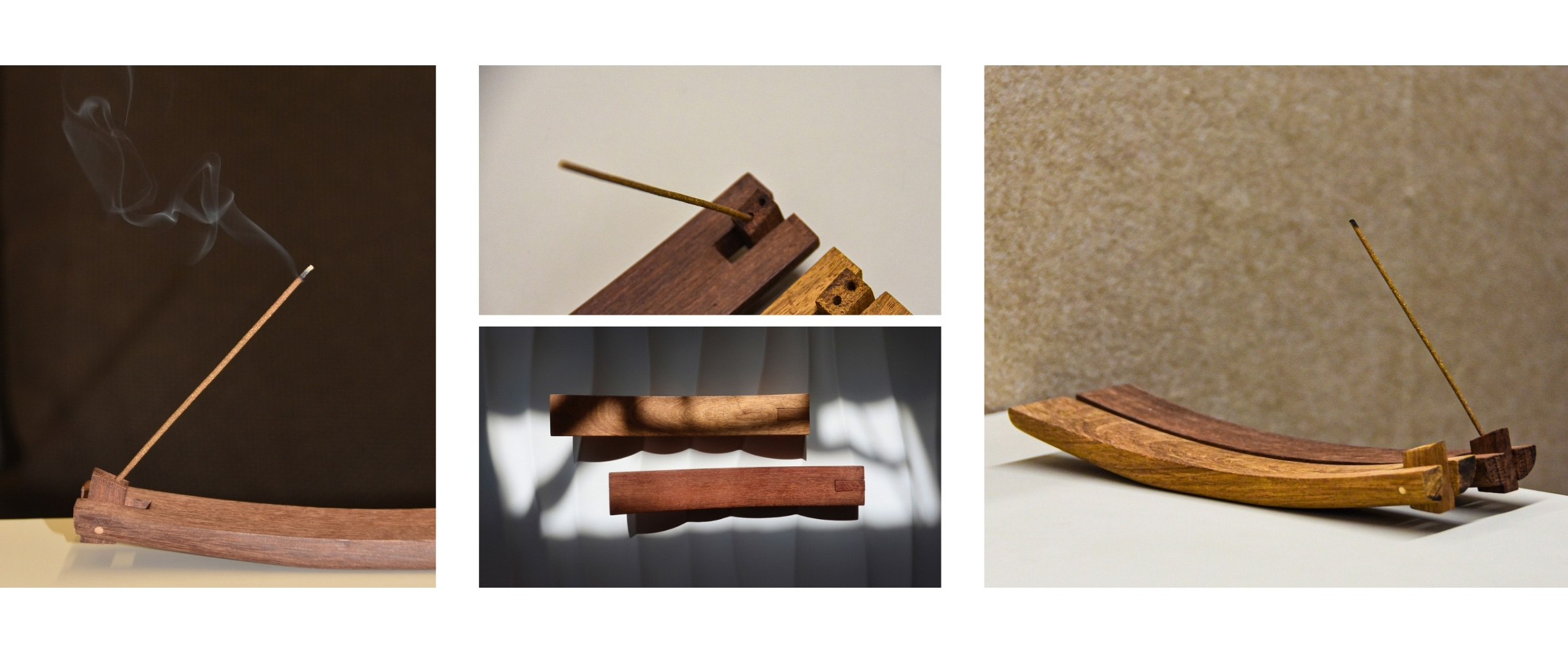Four photographs: the holder with incense smoke rising against a dark backdrop, a close-up of the pivoted-out joint, two holders lying flat in dappled light, and a lighter-toned holder on a table