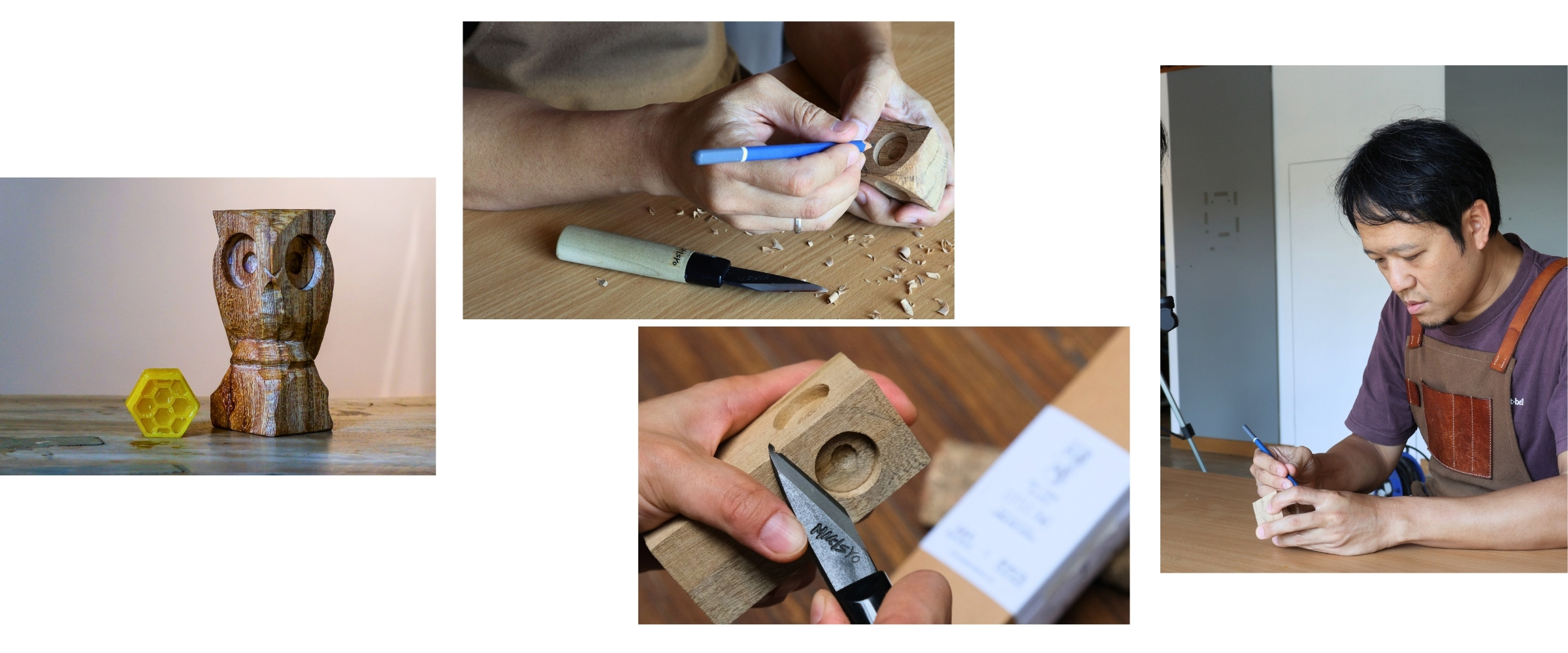 Four photographs: the finished owl beside a honeycomb mould, hands marking the timber block with a pencil, hands carving the block with a whittling knife, and the maker working at a table