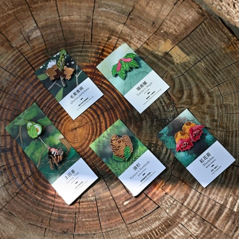 Four of the embroidered pins on their illustrated backing cards, arranged on a cut tree stump: Quercus pachyloma, Tutcher’s Maple, Incense Tree and Fortune’s Keteleeria