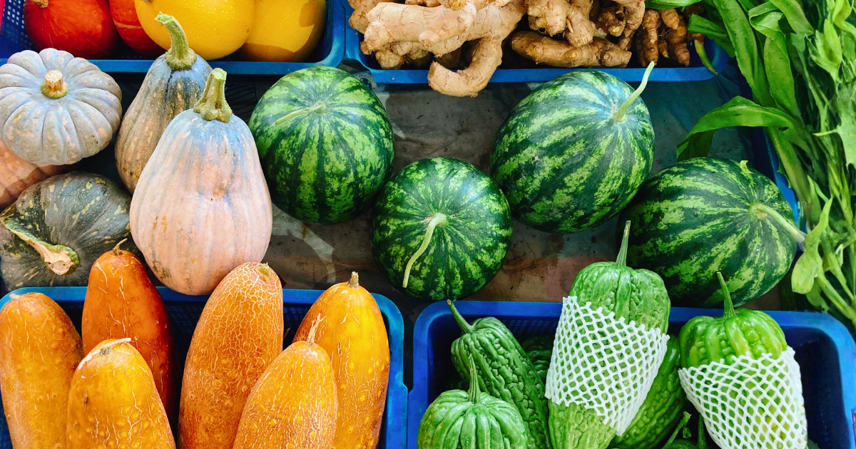 Crates of freshly harvested pumpkins, watermelons, ginger, bitter melon and leafy greens